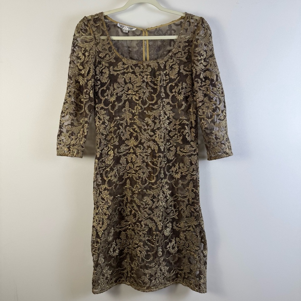 Kay Unger Lace Overlay Metallic Gold Sheath Dress Sheer Party Date Event Sz 4 - Picture 13 of 13